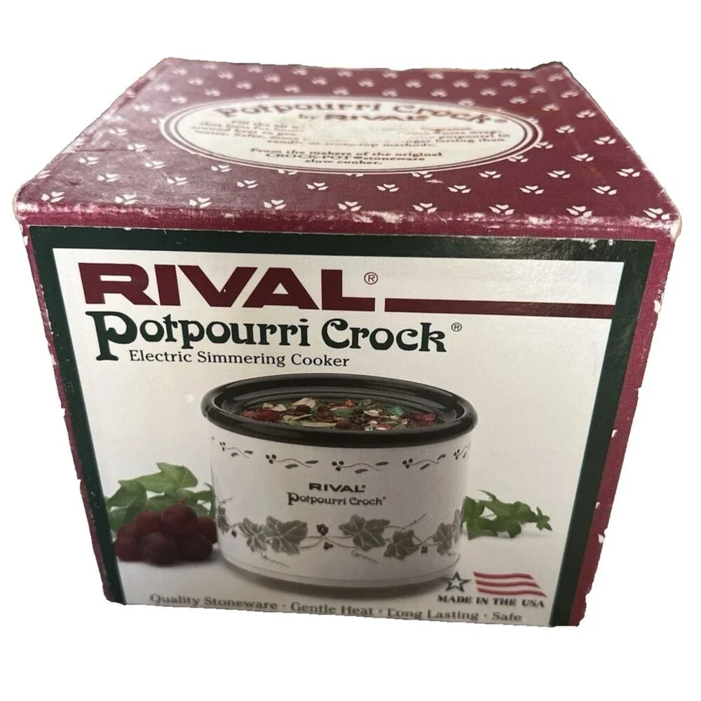 Vintage Rival Potpourri Crock Model 3206 Electric Simmer Pot White Green Ivy